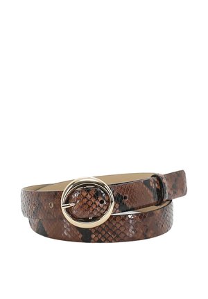 Brauner Ledergürtel mit Schlangenhautmuster, einer glänzenden goldenen ovalen Schnalle und mehreren Einstelllöchern.