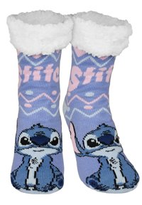 Calze azzurre lavorate a maglia con un morbido risvolto bianco, decorate con un personaggio dei cartoni animati e motivi pastello in azzurro chiaro e rosa.