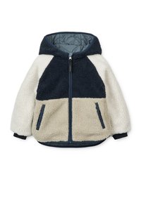 Fleecejacke mit einem Farbblockdesign in Marineblau, Creme und Beige. Verfügt über eine Kapuze, einen Reißverschluss vorne und seitliche Taschen mit gerippten Bündchen.