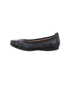 Schwarze Leder-Balletschuhe mit runder Zehenpartie, glänzender Zehenkappe, elastischem Rand und flexibler Gummisohle für hohen Komfort.