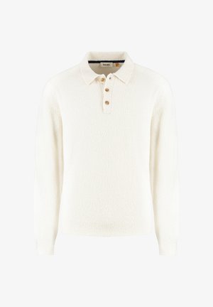 Krémový pulóver s textúrovaným pletením, so golierom a zipsom na tri gombíky. Dlhé rukávy s rebrovanými manžetami.