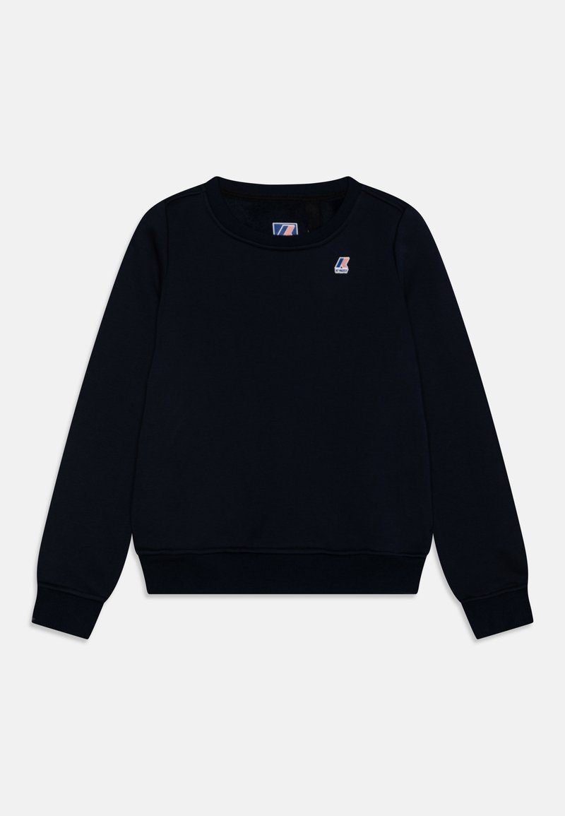 Sweatshirt bleu marine en tissu doux, avec un col rond, des poignets et un ourlet côtelés, et un petit logo sur le devant.