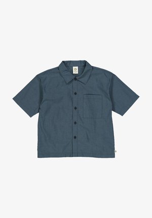 Short-sleeve button-up shirt in dark blue fabric, featuring a single chest pocket, black buttons, and a classic collar design.