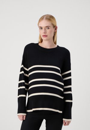 Black and cream striped sweater with a wide, ribbed neck and long sleeves. The stripes are evenly spaced and the material appears soft.