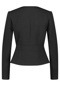 Schwarze Peplum-Jacke mit langen Ärmeln, quadratischem Ausschnitt und tailliertem Schnitt mit Rückenähten und geraffter Taille. Glatte Textur.