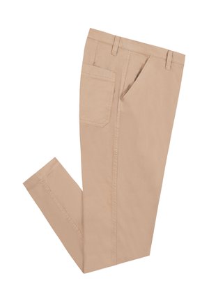 Pantalon beige ajusté avec passants pour ceinture, poches latérales et arrière, posé à plat avec une jambe légèrement pliée.