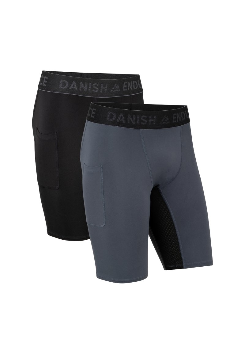 Zwei Paare von Sportshorts: eines in schwarz und eines in dunkelgrau. Jedes verfügt über einen breiten elastischen Bund und seitliche Taschen. Das graue Paar hat eine Netz-Akzent.