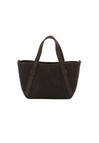 Sac fourre-tout en suède marron avec deux poignées robustes, une fermeture éclair en haut et une texture lisse, présentant une silhouette doucement courbée.