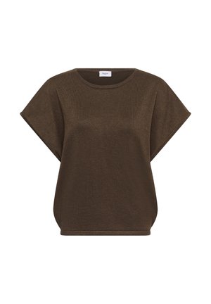 Haut en maille marron foncé à manches courtes avec un col rond et une coupe ample, doté d'une petite étiquette blanche à l'intérieur du col arrière.