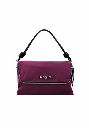 Purple rectangular handbag with black knotted handle, front zipper, and "Desigual" logo on the flap.