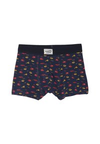 Herrenslippys in navy Baumwolle mit bunten Automustern in Rot, Gelb und Gold. Mit einem weichen, elastischen Bund.