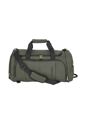 Borsa duffel verde oliva con tracolla nera regolabile, doppi manici, più scomparti con zip e marchio "travelite" sul davanti.