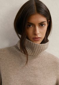 Béžový rolákový sveter z mäkkej zmesi vlny, s rebrovaným golierom a hladkou textúrou, s priliehavým strihom a minimalistickým dizajnom.