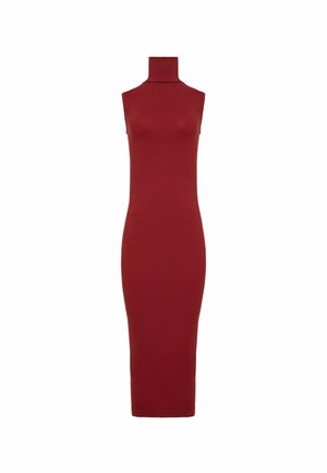 Mouwloze, aangesloten midi-jurk in diep rood met een hoge coltrui en een rechte zoom.