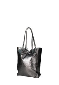 Borsa a spalla nera in pelle con una texture liscia e lucida, manici alti e una leggera piegatura nella parte superiore, dotata di chiusura a cordoncino.