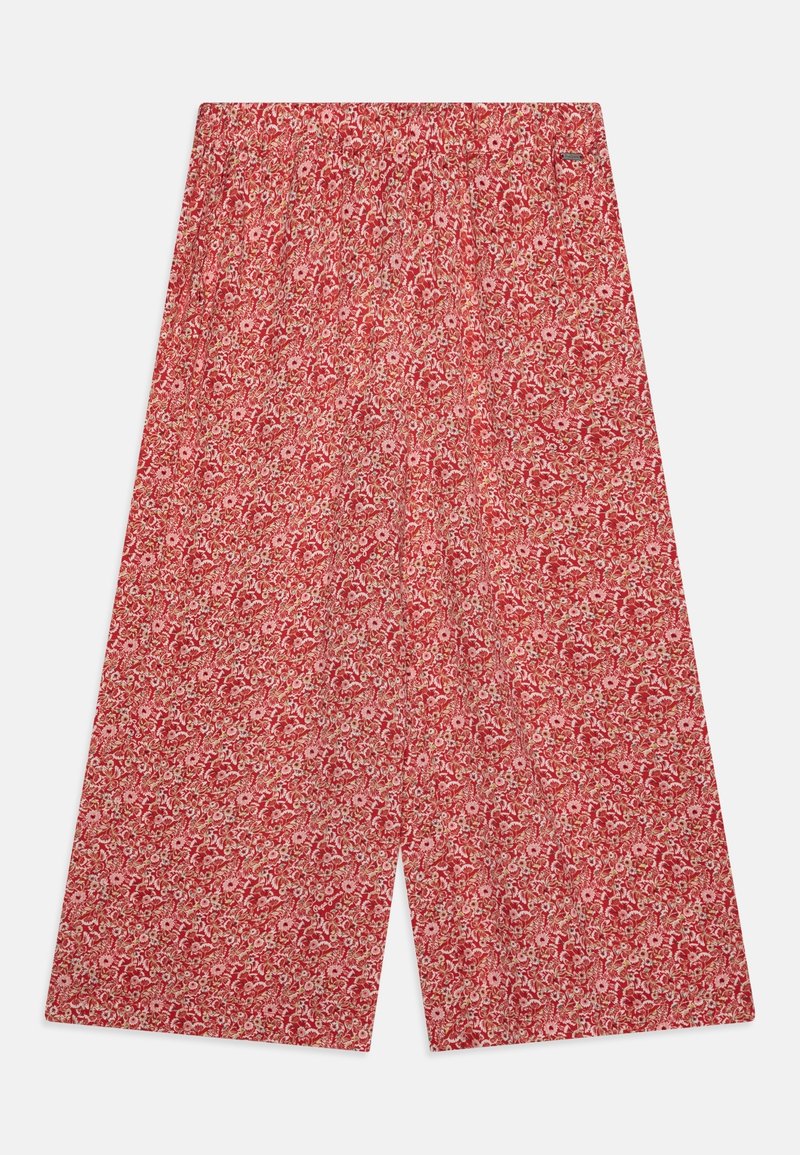Pantaloni larghi a fantasia floreale rossa con cintura elastica. Il tessuto presenta piccoli fiori rosa e bianchi su una superficie texturizzata.