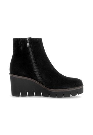 Schwarze Wildleder-Stiefelette mit seitlichem Reißverschluss, Keilabsatz und dicker Profilsohle für besseren Halt und Stil.