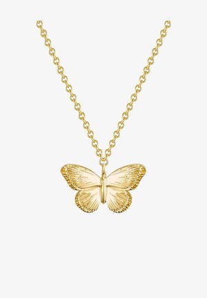 Guld sommerfuglepandant på en kædehalssmykke med detaljerede vinge teksturer og en poleret finish, der fremviser et delikat og elegant design.