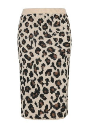 Knælang lige nederdel med beige baggrund og sort og brun leopardprint.