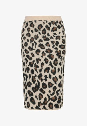 Falda recta hasta la rodilla con fondo beige y estampado de leopardo negro y marrón.