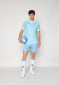Himmelblaues Fußballtrikot mit gemustertem Design, kombiniert mit passenden Shorts. Weiße Socken mit schwarzen Streifen und weißen Fußballschuhen. Hält einen mehrfarbigen Ball.
