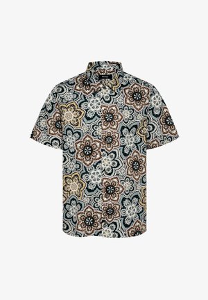Short-sleeve shirt in dark green with multicolored floral pattern. Features a classic collar and button closure, made from lightweight fabric.