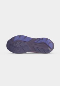Sole of a dark purple athletic shoe with textured tread patterns and light purple grip sections on the heel and forefoot.