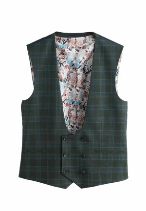 Dark green plaid double-breasted vest with floral inner lining in shades of pink, blue, and black, featuring two front pockets and six buttons.