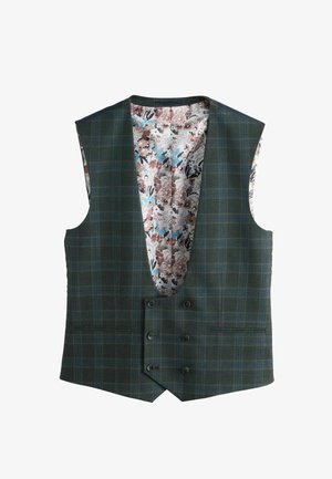 Tummanvihreä ruudullinen kaksirivinen liivi, jossa on vaaleanpunaisen, sinisen ja mustan sävyinen kukallinen vuori, kaksi etutaskua ja kuusi nappia.