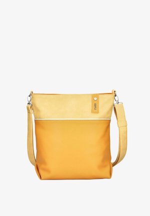 Sac bandoulière bicolore en jaune clair et moutarde avec sangle réglable et petite étiquette de marque sur le côté avant supérieur.