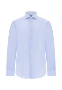 Jasnoniebieska koszula z długim rękawem, zapinana na guziki, z subtelnym wzorem tekstury, standardowym kołnierzykiem i zaokrąglonym dołem. Posiada białe guziki i mankiety.