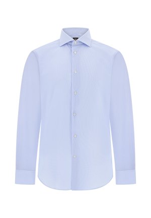 Jasnoniebieska koszula z długim rękawem, zapinana na guziki, z subtelnym wzorem tekstury, standardowym kołnierzykiem i zaokrąglonym dołem. Posiada białe guziki i mankiety.