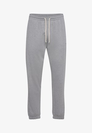 Graue Sweatpants aus weichem Material mit elastischem Bund und verstellbarem Kordelzug. Mit gerafften Säumen und einem kleinen Logodetail.