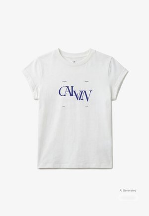 T-shirt blanc à manches courtes avec le texte bleu "CALVIN" et les petites inscriptions "Calvin Jeans New York" imprimées au centre sur le devant.