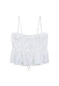 Top bianco corto con spalline sottili, caratterizzato da un design arricciato e un orlo a volant. Realizzato in materiale leggero, ideale per il clima caldo.