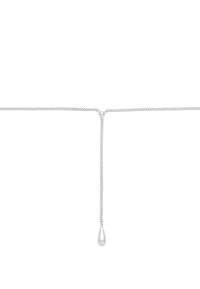 Collier chaîne en argent présentant un pendentif goutte suspendu à un maillon central, avec un design délicat et minimaliste et une texture lisse.