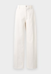 White wide-leg pants made of cotton, featuring a front button closure, belt loops, and straight cut with no visible patterns.