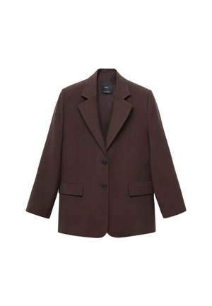 Blazer marron, taillé, avec col cranté, deux poches avant, fermeture à un bouton et manches 3/4 en tissu texturé.