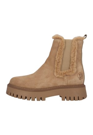 Stivaletto in suede beige con una morbida fodera in pelliccia, pannelli laterali elastici e una suola in gomma spessa e rigida per una buona aderenza.