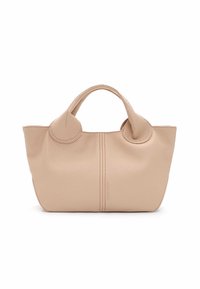 Borsa a mano in pelle beige con manici bombati, texture morbida e dettagli di cucitura sottili. Design minimale e forma compatta.