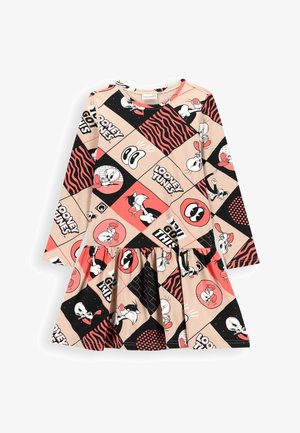 Kinderjurk met lange mouwen met Looney Tunes-personages en zinnen in een beige, zwart en koraalrood dambordpatroon.