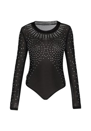 Schwarzer transparenter langärmeliger Bodysuit mit rundem Ausschnitt, verziert mit verstreuten silbernen Strasssteinen in kreisförmigen und linearen Mustern.