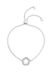 Pulseira de corrente prateada com um encanto em forma de flor adornado com pequenas pedras transparentes, ajustável com acabamentos em contas nas extremidades.