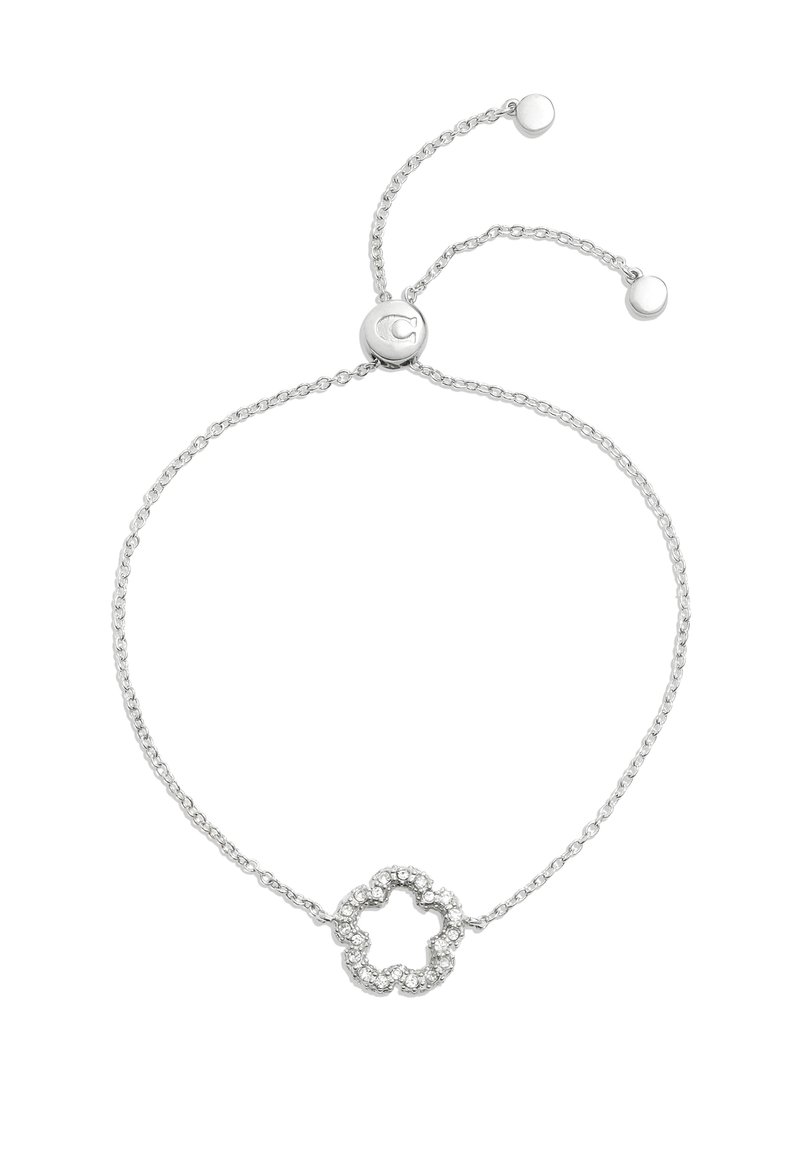Pulseira de corrente prateada com um encanto em forma de flor adornado com pequenas pedras transparentes, ajustável com acabamentos em contas nas extremidades.