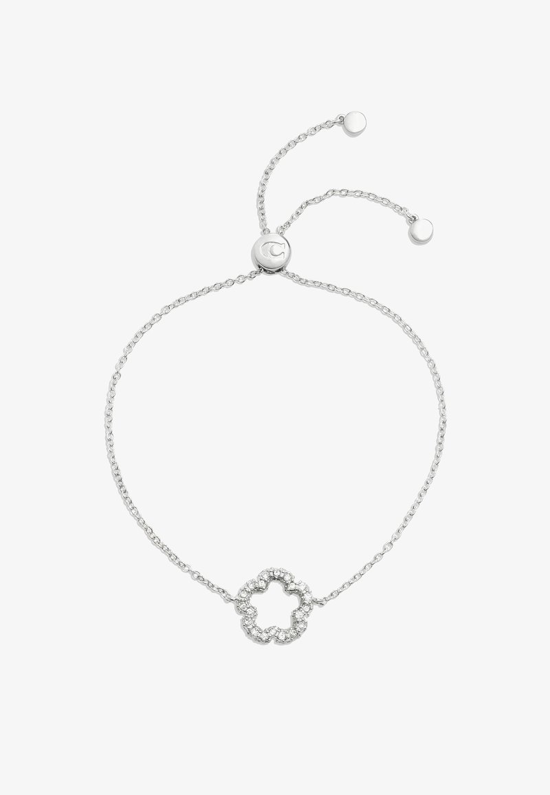 Pulseira de corrente prateada com um encanto em forma de flor adornado com pequenas pedras transparentes, ajustável com acabamentos em contas nas extremidades.