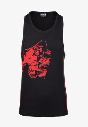 Mouwloos zwart tanktop van katoen met een rode gorilla grafische print op de voorkant en contrasterende rode stiksels langs de zijkanten.