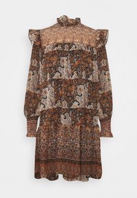 Braunes, gemustertes Kleid mit langen Ärmeln, Rüschenausschnitt und gestuftem Rock mit feinen Blumen- und Tiermotiven.