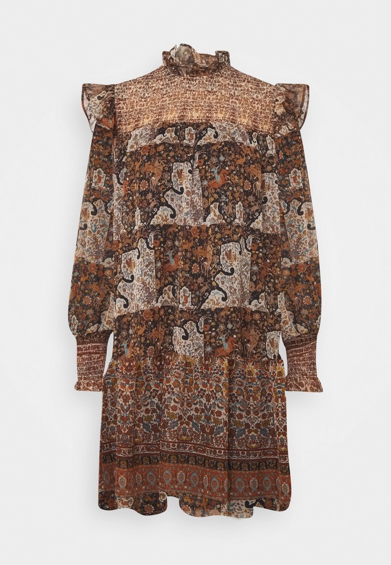 Braunes, gemustertes Kleid mit langen Ärmeln, Rüschenausschnitt und gestuftem Rock mit feinen Blumen- und Tiermotiven.