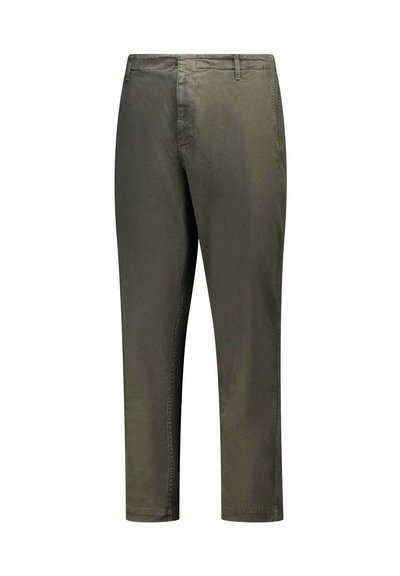 Chinos in cotone verde oliva con taglio dritto, tasche laterali e dettagli di cucitura minimali. Tessuto liscio, orlati alla caviglia.