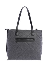 Bolso tote de fieltro acolchado en gris con asas de cuero negro y un bolsillo frontal con cremallera. Presenta una forma rectangular y una textura suave.